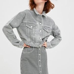 Zara Houndstooth Cropped Denim Jacket S